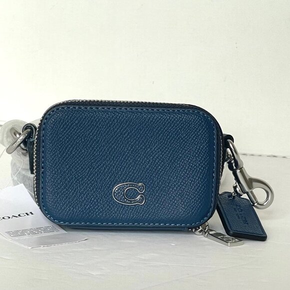 Coach Mini Crossbody Pouch Blue Crossgrain Leather CP271 Cards Earbuds Case - Picture 4 of 11